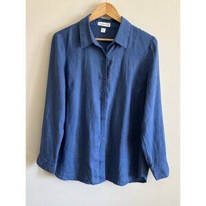 Coldwater Creek Linen Button Up Womens Blouse Shirt Size Medium Blue Long Sleeve